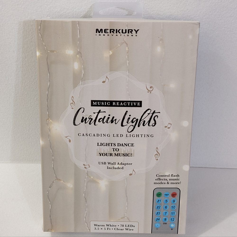 Music Reactive Warm White Cascading LED Lighting Curtain Lights, New, 3.5 x5 Ft